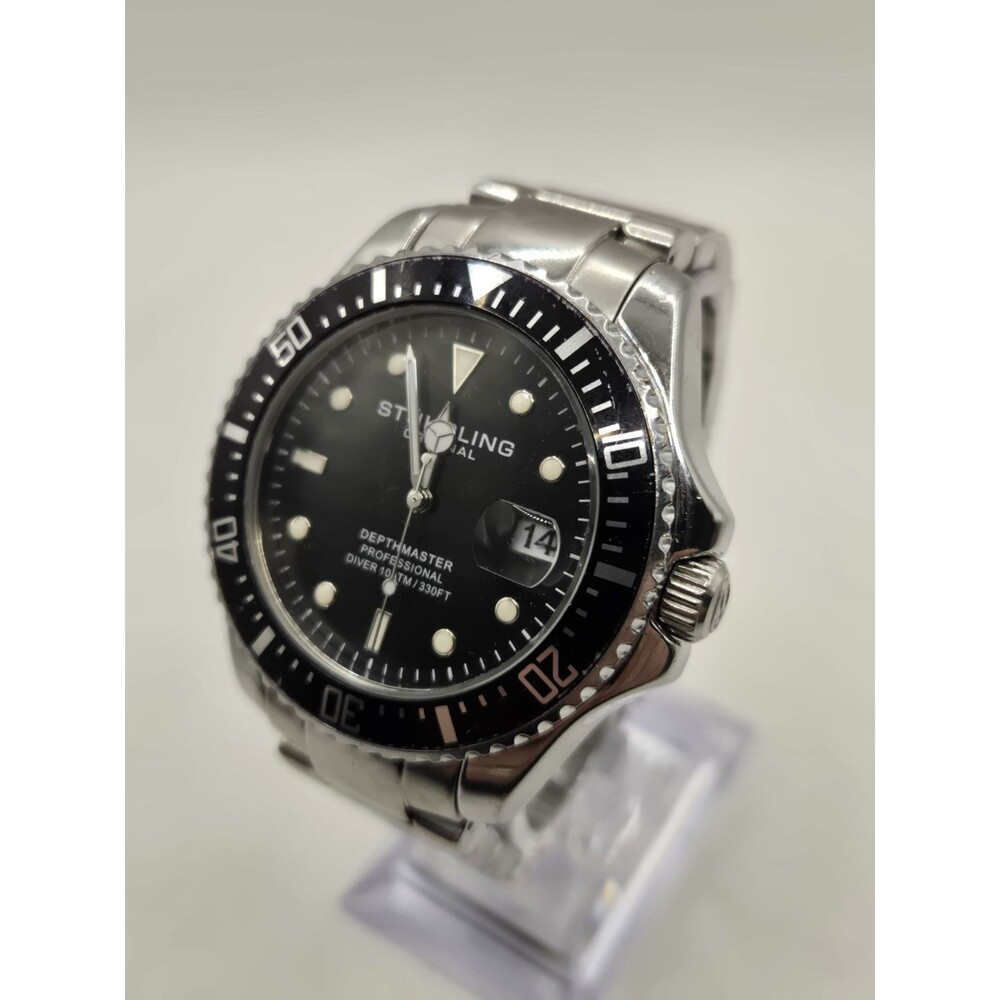 Stuhrling Original Depthmaster Quartz 43mm 100m Black Dial Date Watch. 7" Band.